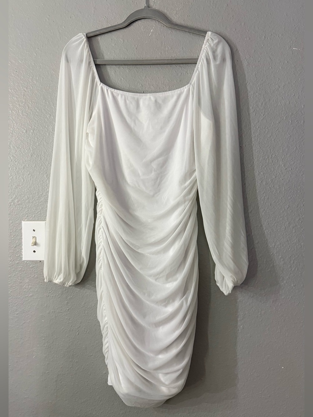 Amazon White Ruched Long Sleeve Scoop Neck Dress